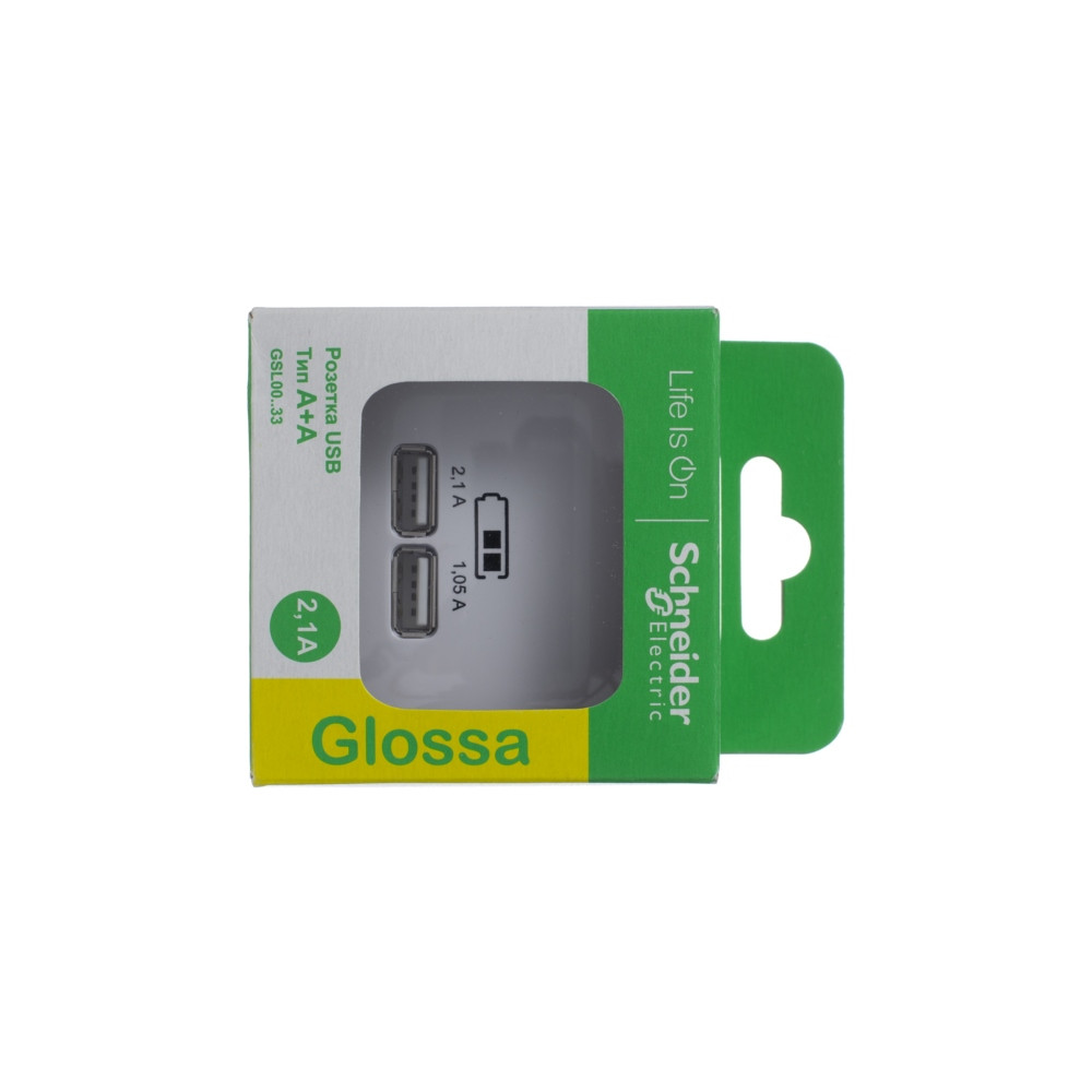 GSL000133 GLOSSA USB РОЗЕТКА A+A, 5В/2,1 А, 2х5В/1,05 А, механизм, БЕЛЫЙ