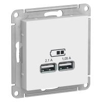 Механизм Systeme Electric (ранее Schneider Electric) серии AtlasDesign в цвете белый розетки для зарядки с двумя разъёмами USB с выходными напряжением 5 В постоянного тока и выходами с номинальным током по 2,1 А.
- Пластик с ионами серебра в белом цвете о