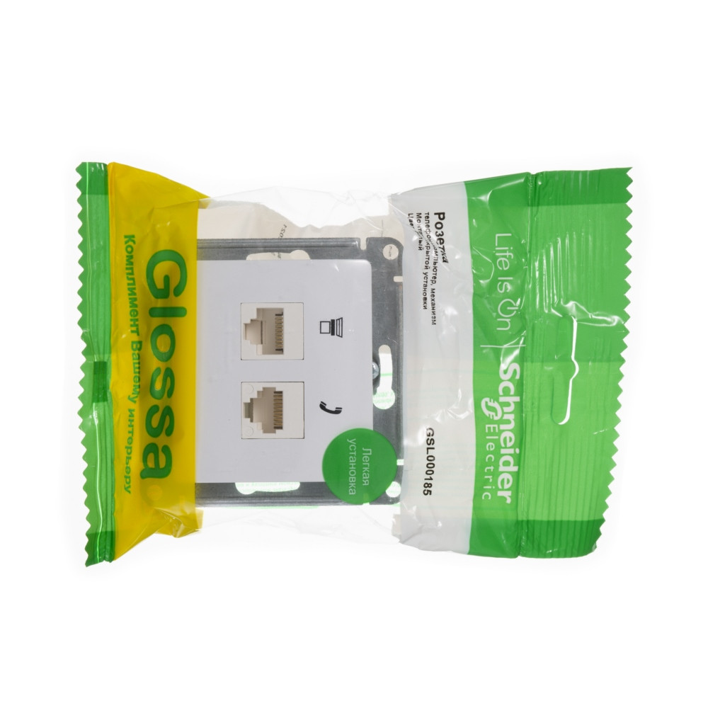 GSL000185 GLOSSA РОЗЕТКА двойная RJ11+RJ45, кат.5Е, механизм, БЕЛЫЙ