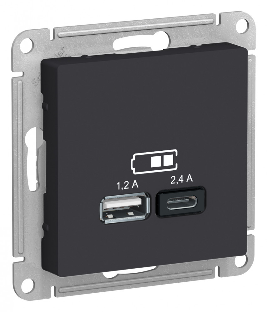 ATN001039 ATLASDESIGN USB РОЗЕТКА А+С, 5В/2,4А, 2х5В/1,2 А, механизм, КАРБОН