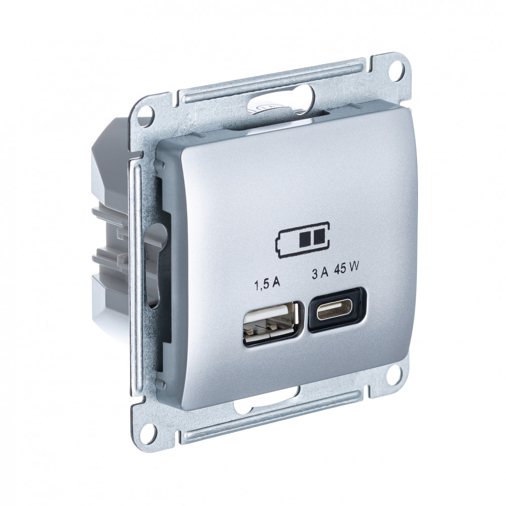 GSL000329 GLOSSA USB РОЗЕТКА А + тип-С 45Вт высокоскор.заряд. QC, PD, механизм, АЛЮМИНИЙ