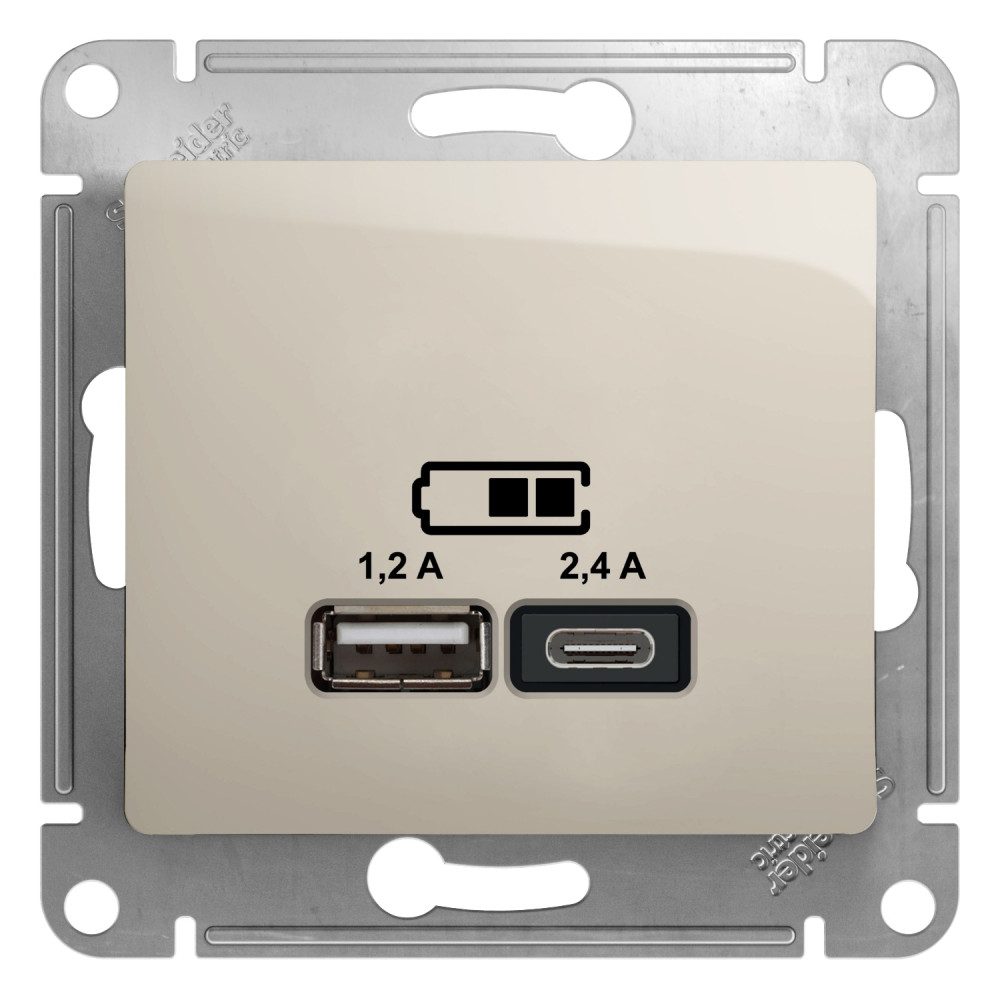 GSL000939 GLOSSA USB РОЗЕТКА А+С, 5В/2,4А, 2х5В/1,2 А, механизм, МОЛОЧНЫЙ