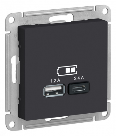 ATN001039 ATLASDESIGN USB РОЗЕТКА А+С, 5В/2,4А, 2х5В/1,2 А, механизм, КАРБОН